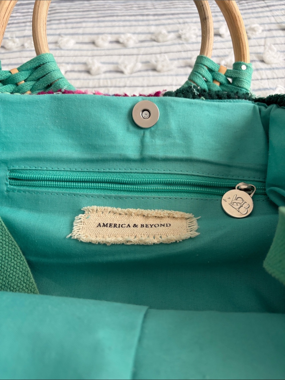 Multicolor Woven Tote Bag with Turquoise Handles and Tassel - Picture 2 of 4
